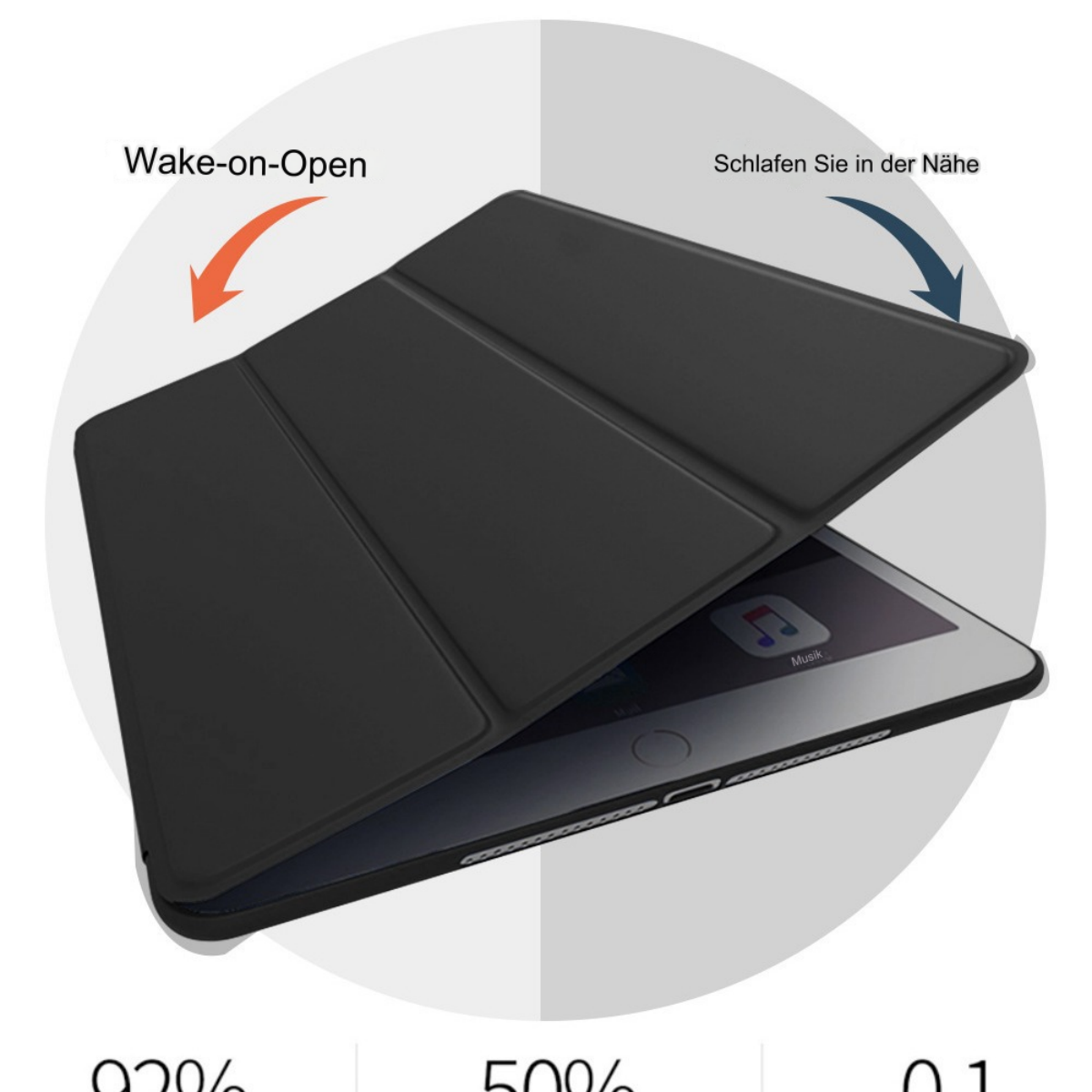 Schwarze Tablethülle mit geöffnetem Deckel. Der Tablet-Bildschirm ist mit dem Symbol 'Musik' sichtbar.