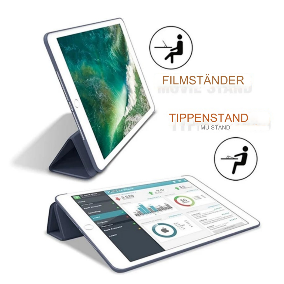 Zwei Tablets auf einem Ständer, zeigen Bildschirm mit Diagrammen, Icons und Text.