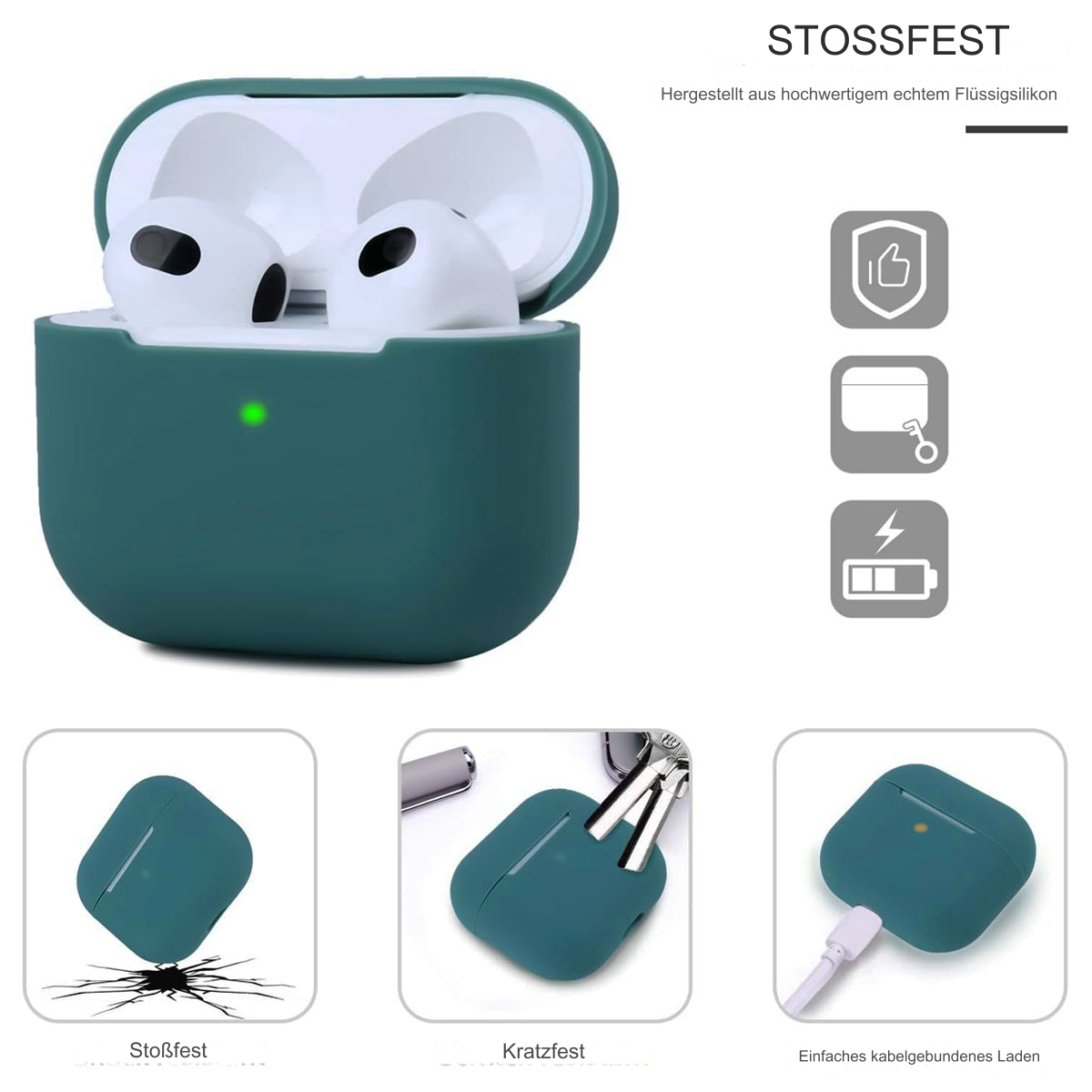 Türkisfarbenes AirPods-Etui mit weißen AirPods darin. Das Etui ist geöffnet und mit Zubehör abgebildet.