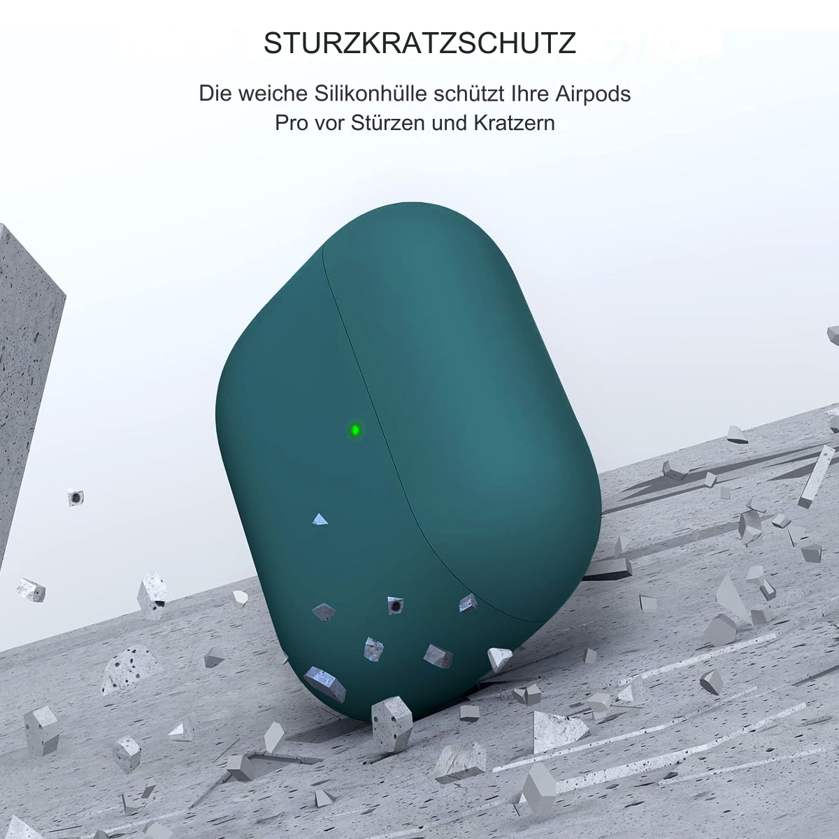 Türkisfarbenes AirPods Pro-Case mit grüner LED, das über einer grauen, fragmentierten Oberfläche schwebt.