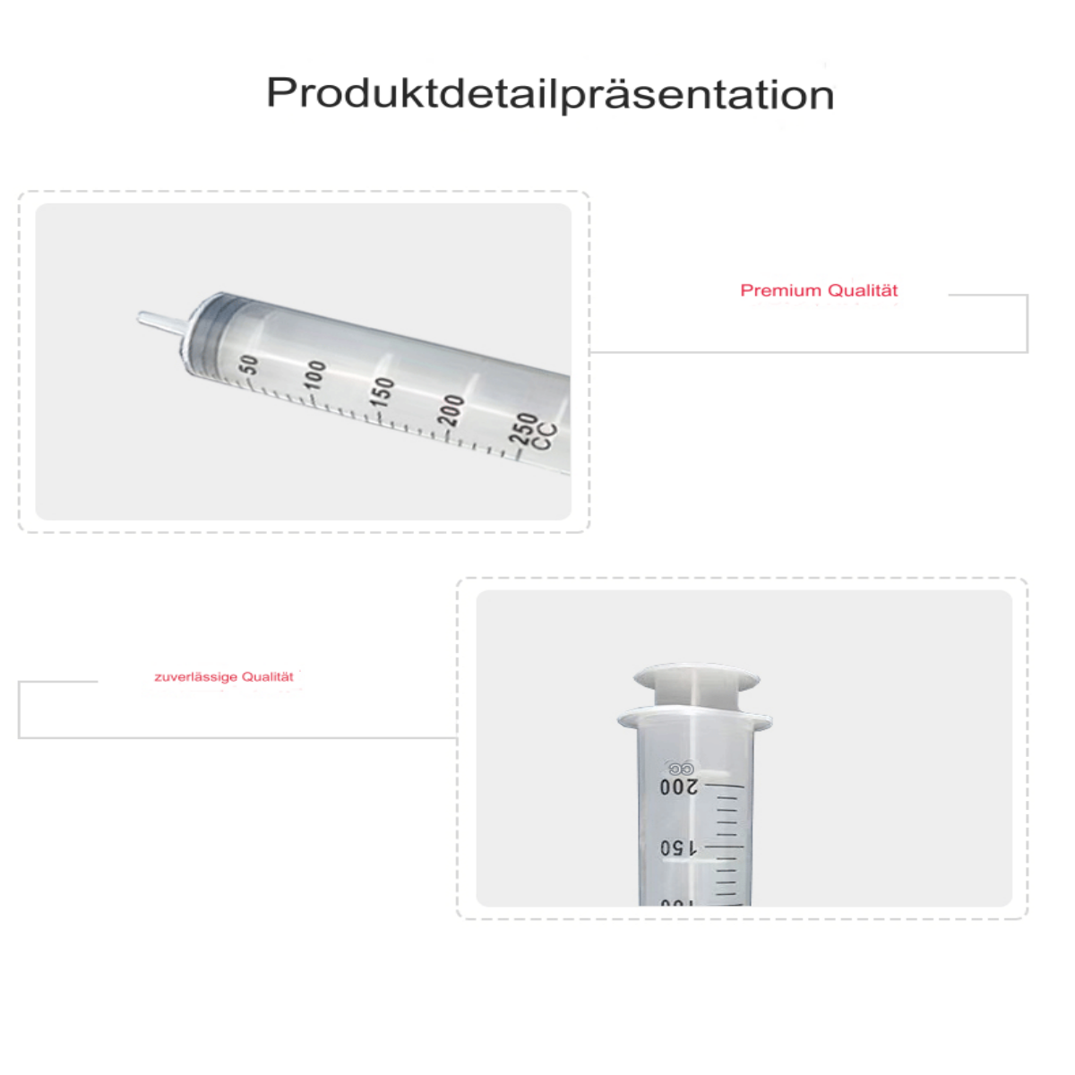 Zwei Spritzen mit Messungen, beschriftet mit deutschem Text, die Produktdetails zeigen.