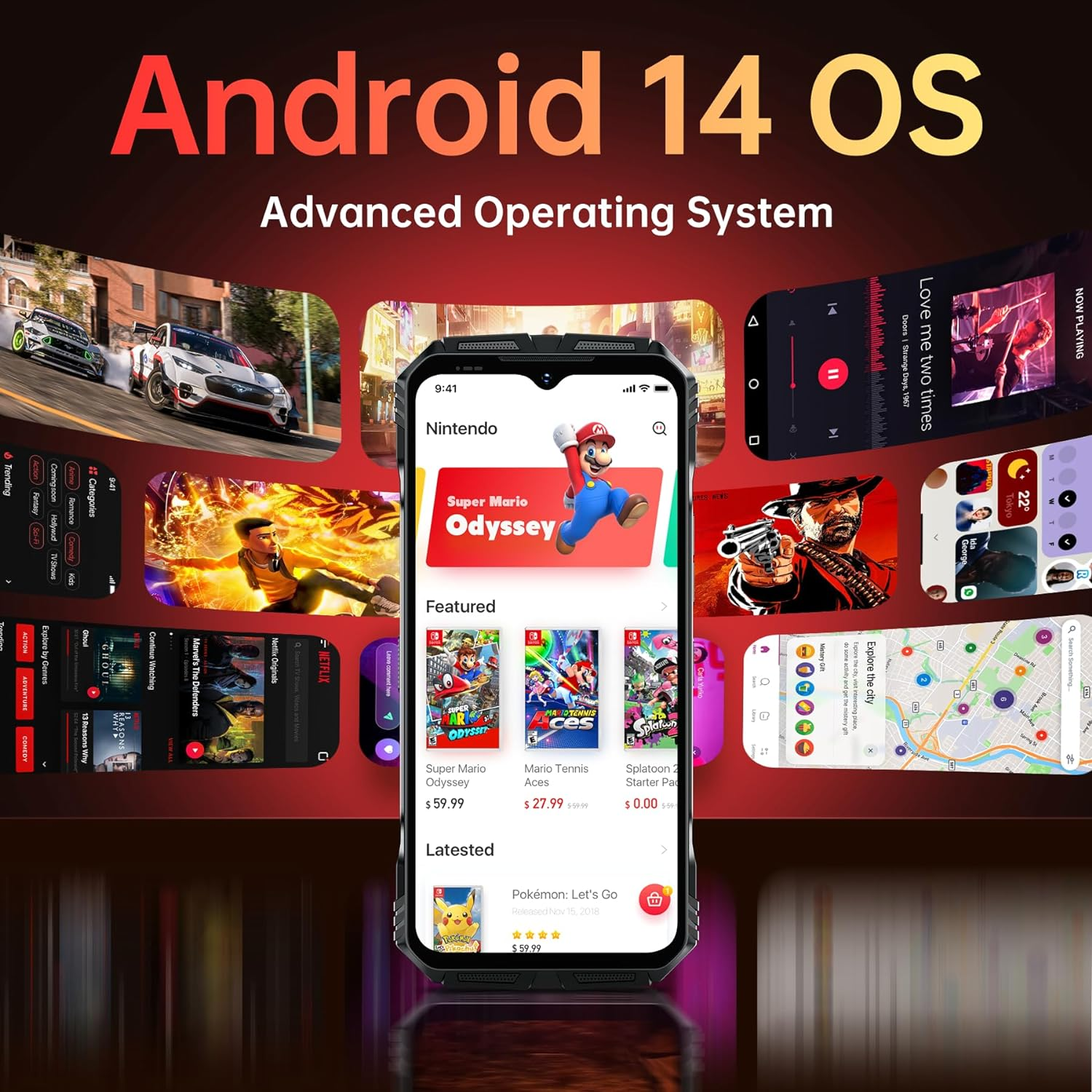 Un teléfono muestra una interfaz de juego rodeada de pantallas. El título es Android 14 OS, el sistema operativo avanzado.