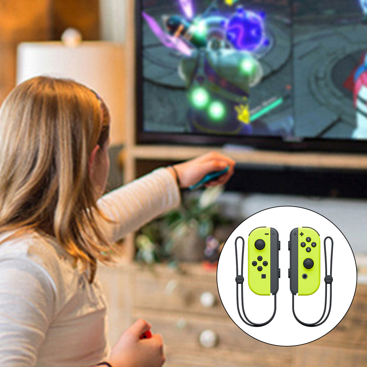 Mädchen spielt Videospiel mit Controller. Controller sind im Kreis.