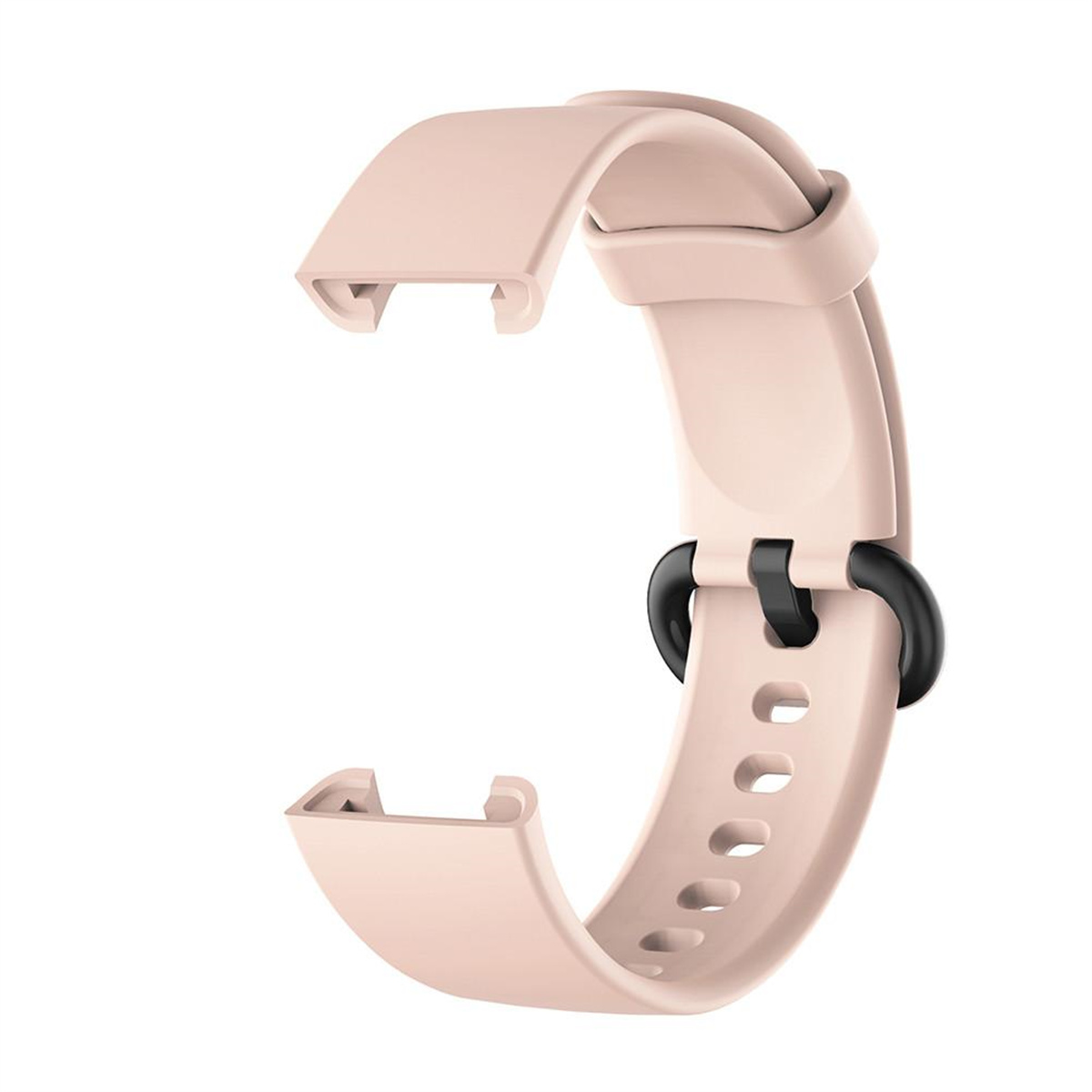 Hellrosa Smartwatch-Armband. Es hat eine Schnalle. Das Band ist gebogen und hat Löcher.