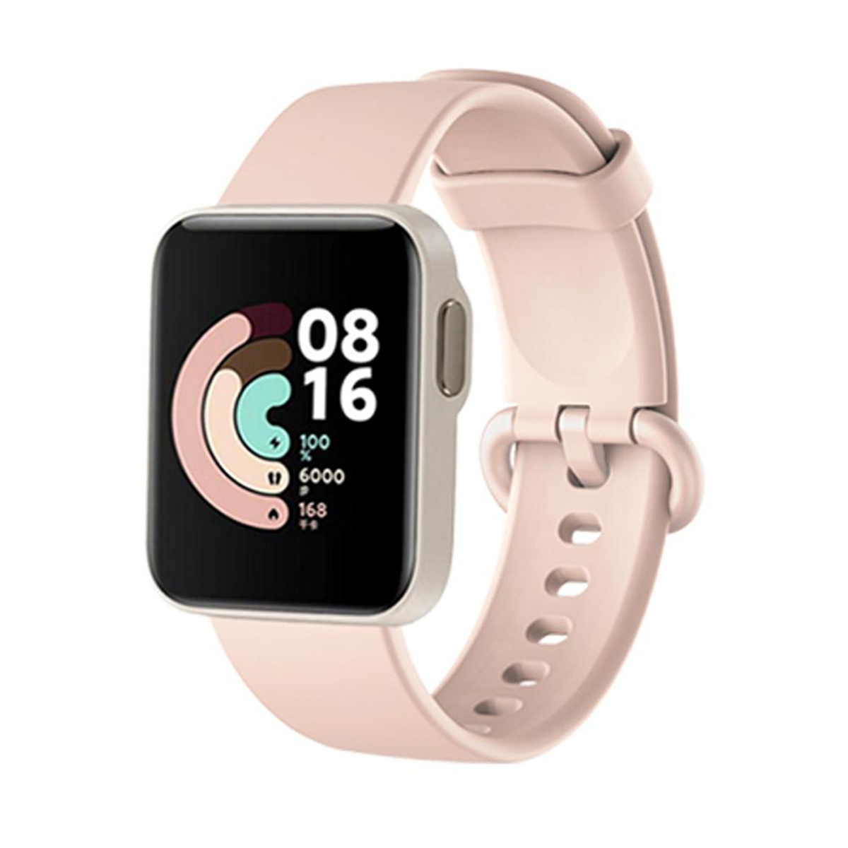 Eine Smartwatch mit pinkfarbenem Armband, ein quadratischer Bildschirm zeigt Zeit und Gesundheitsmetriken.