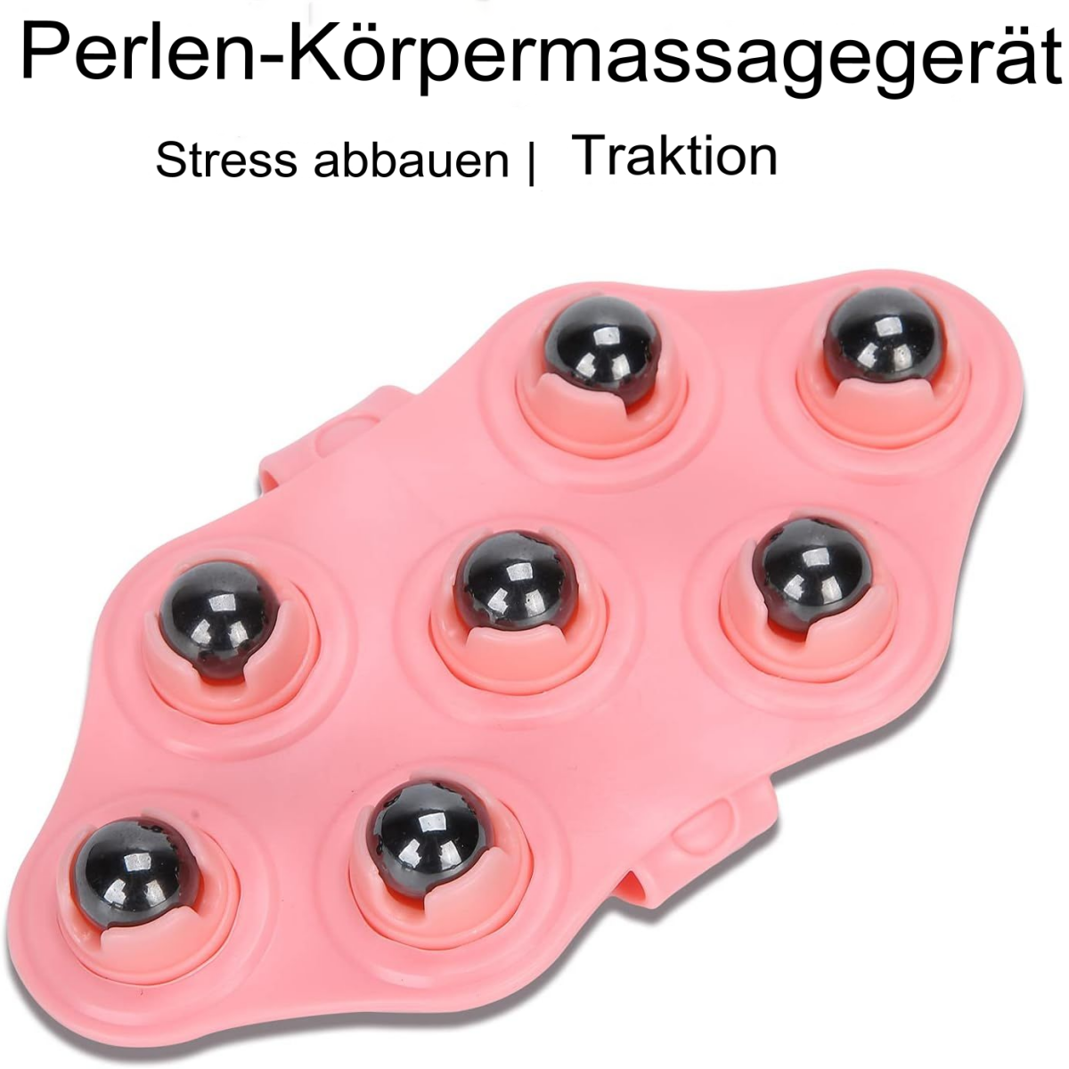 Rosa Massagegerät mit schwarzen Kugeln, weißer Hintergrund.