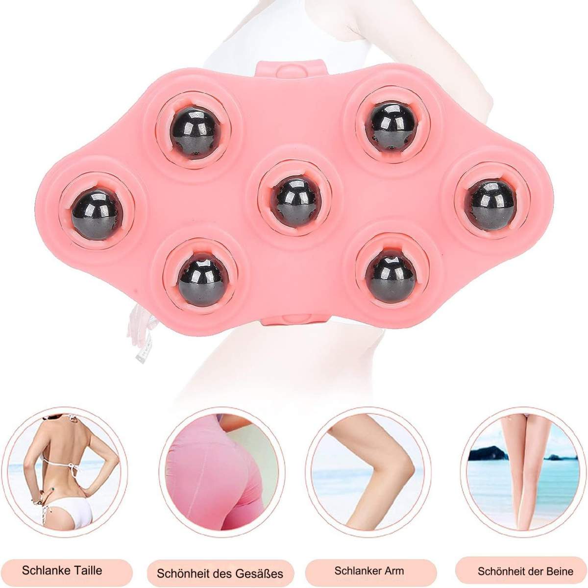 Ein rosa Massagegerät mit schwarzen Kugeln und Bildern von Körperteilen mit deutschen Texten.
