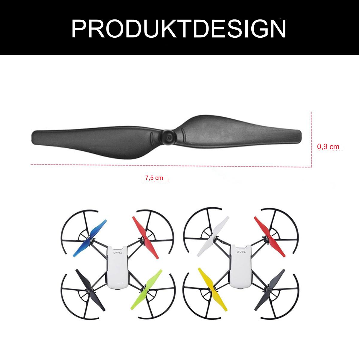 Ein Paar Drohnenpropeller mit Abmessungen und ein Diagramm mit verschiedenen Drohnenfarben.