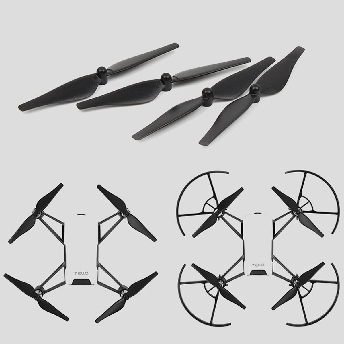 Schwarze Drohnenpropeller und Drohnenrahmen. Einige Propeller sind abgenommen, andere an Drohnenrahmen befestigt.