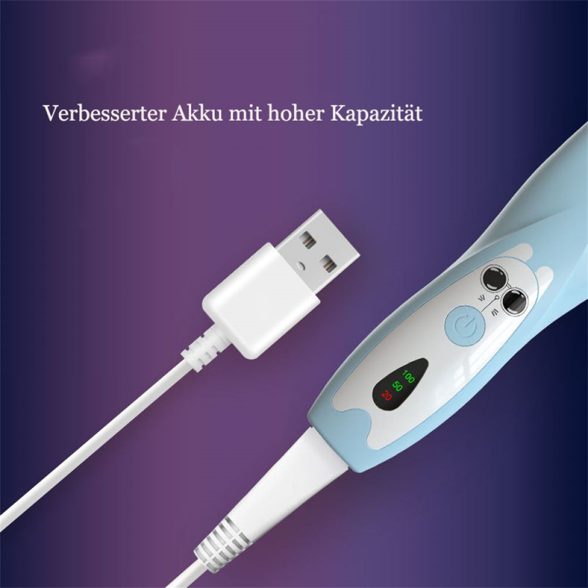 Ein blaues Gerät mit einem USB-Kabel. Der Text lautet „Verbesserter Akku mit hoher Kapazität“.