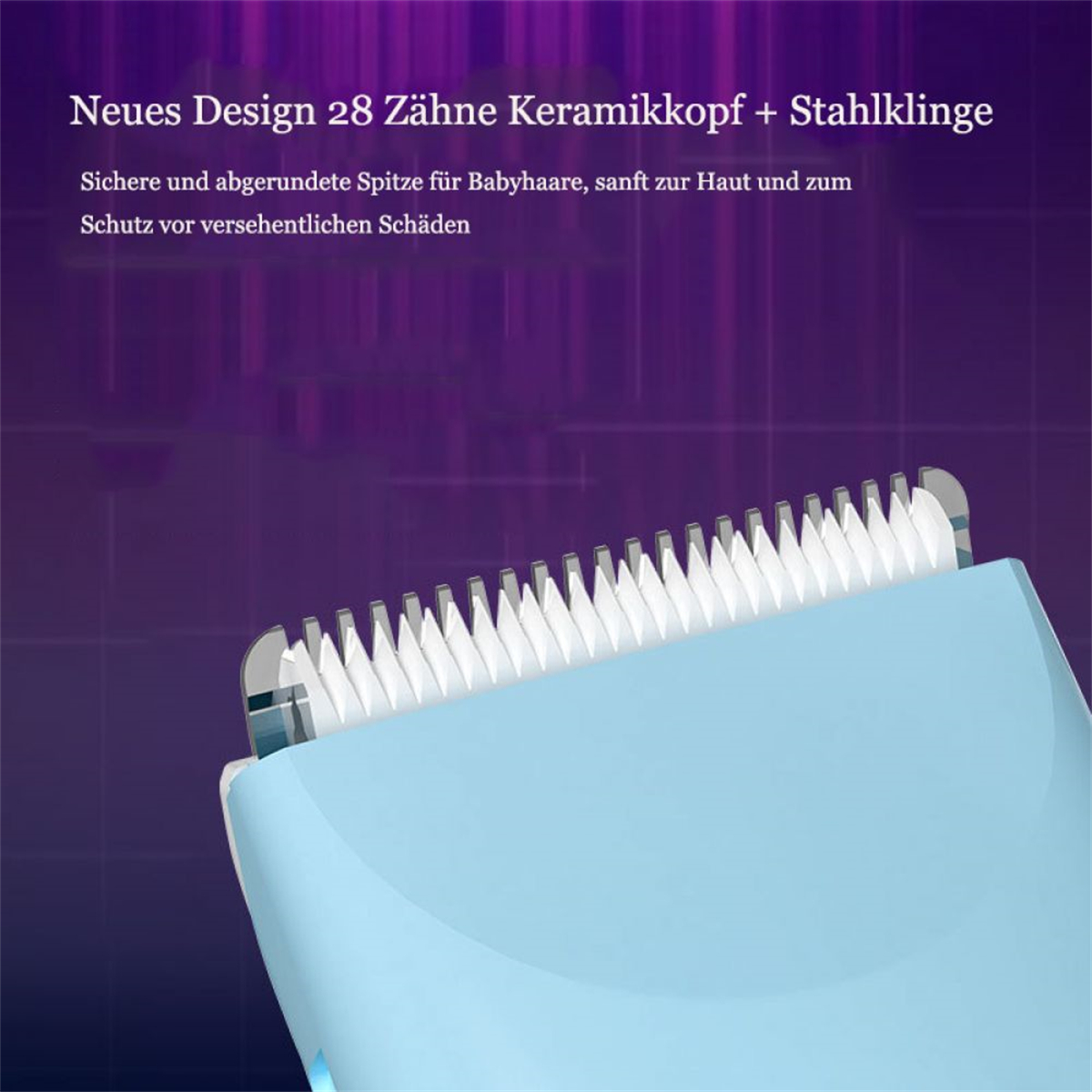 Ein blauer Baby-Haarschneider mit hellblauer Klinge und Text auf Deutsch, mit lila Hintergrund.