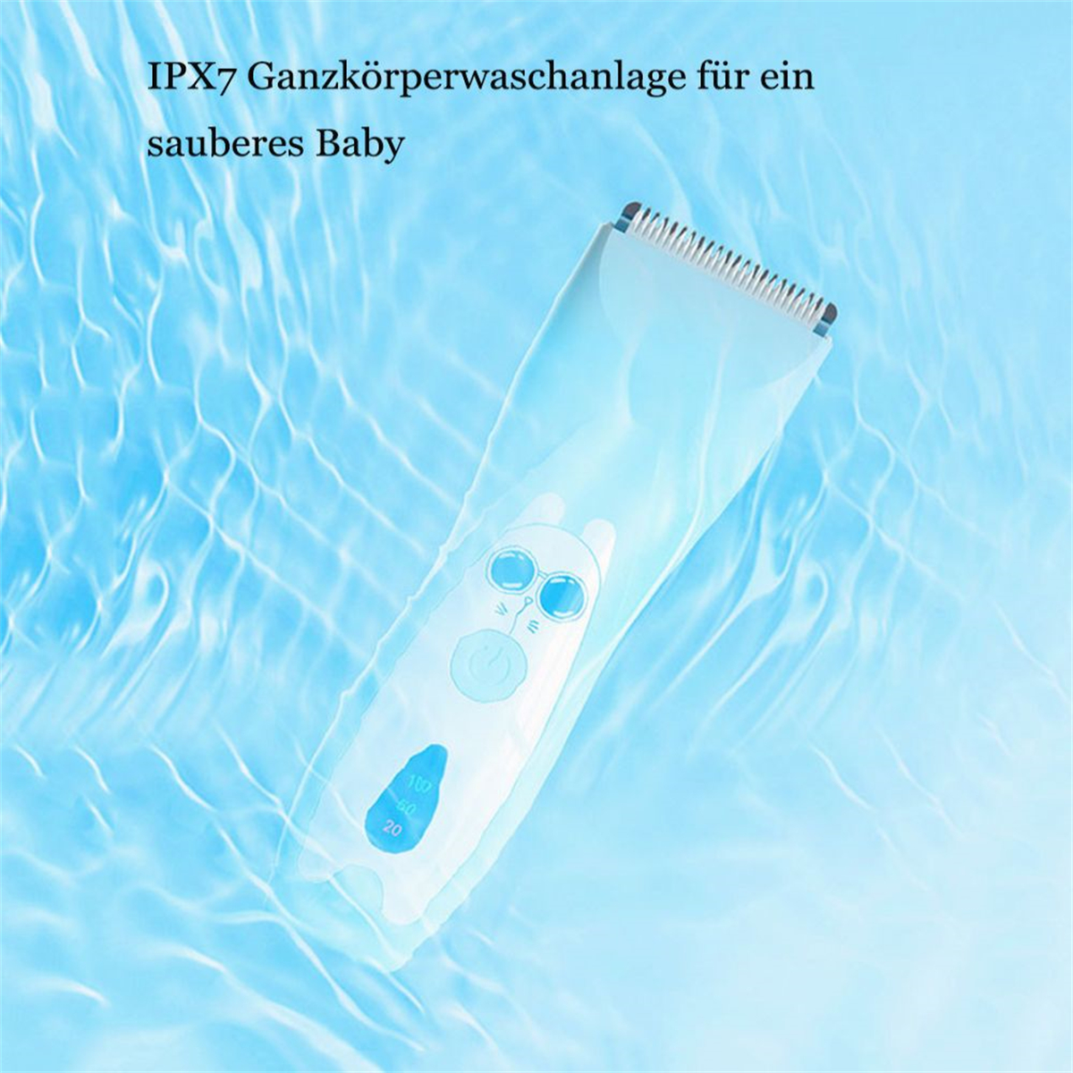Baby-Haarschneider im Wasser, weiß und blau, mit Babygesicht-Design.