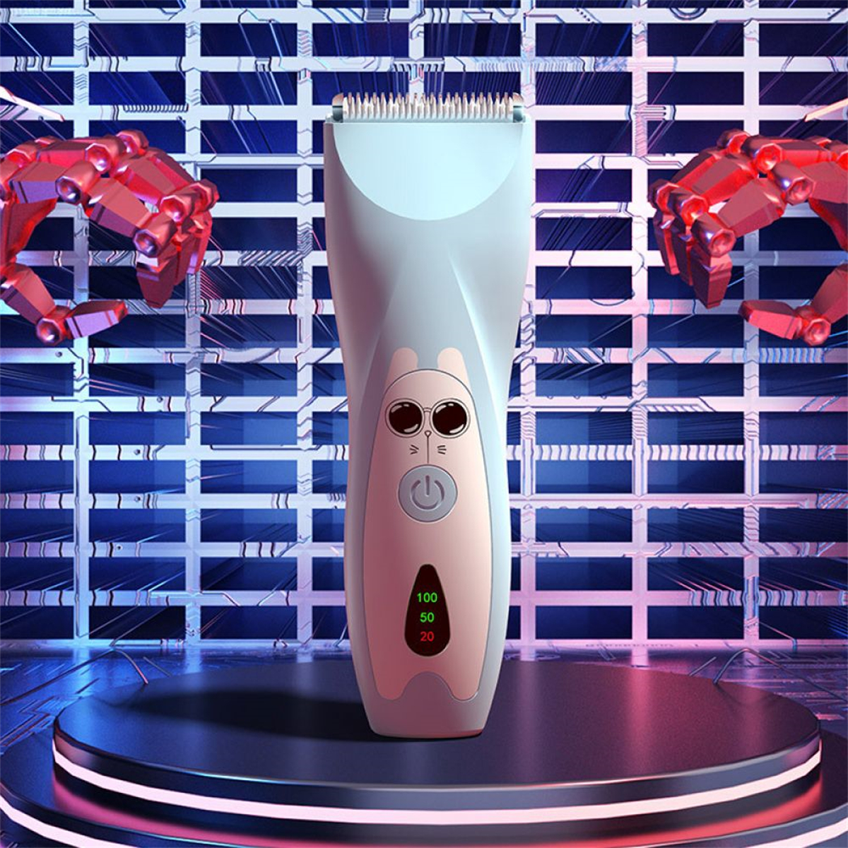 Hellblauer Haarschneider mit Hasengesichtsdesign. Zwei rote Roboterarme an den Seiten.