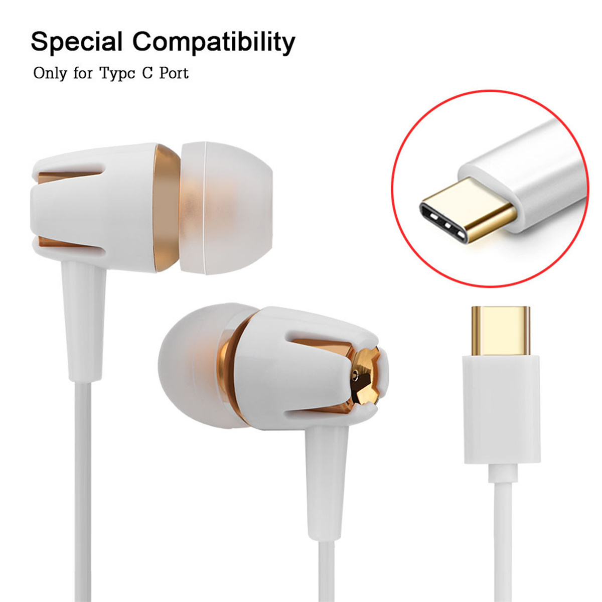 Weiße Ohrhörer mit goldenen Akzenten und einem USB-C-Anschluss, vor weißem Hintergrund.