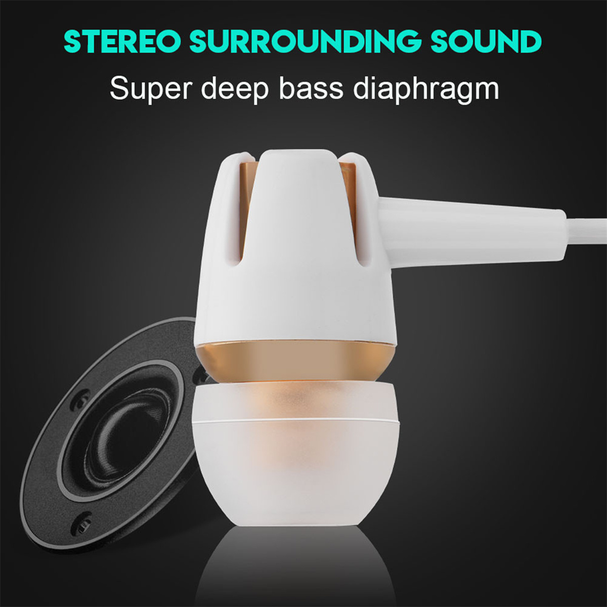 Weißer und goldener Ohrhörer mit Lautsprecherkomponente. Schwarzer Hintergrund. Text Stereo-Surround-Sound.