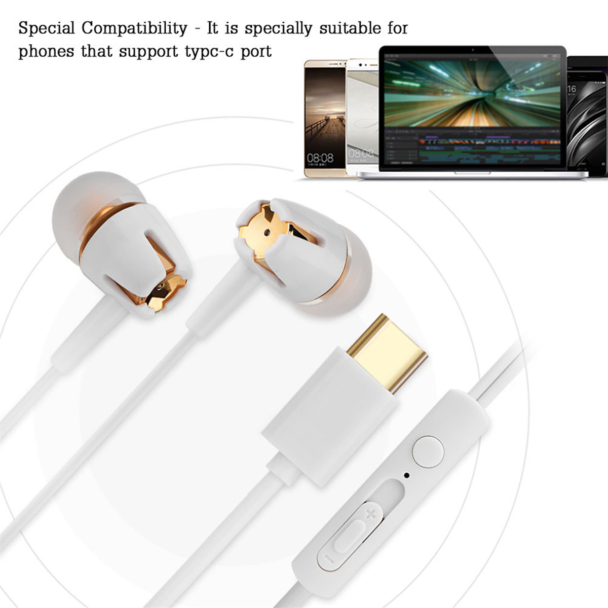 Weiße und goldene Ohrhörer mit weißem Kabel und Steuerung, mit einem Telefon im Hintergrund.