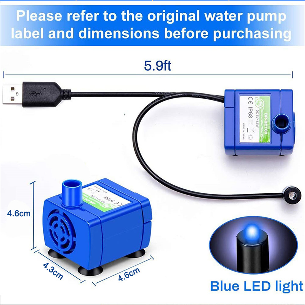 Eine blaue Wasserpumpe mit Abmessungen. Ein USB-Kabel und ein blaues LED-Licht sind ebenfalls abgebildet.