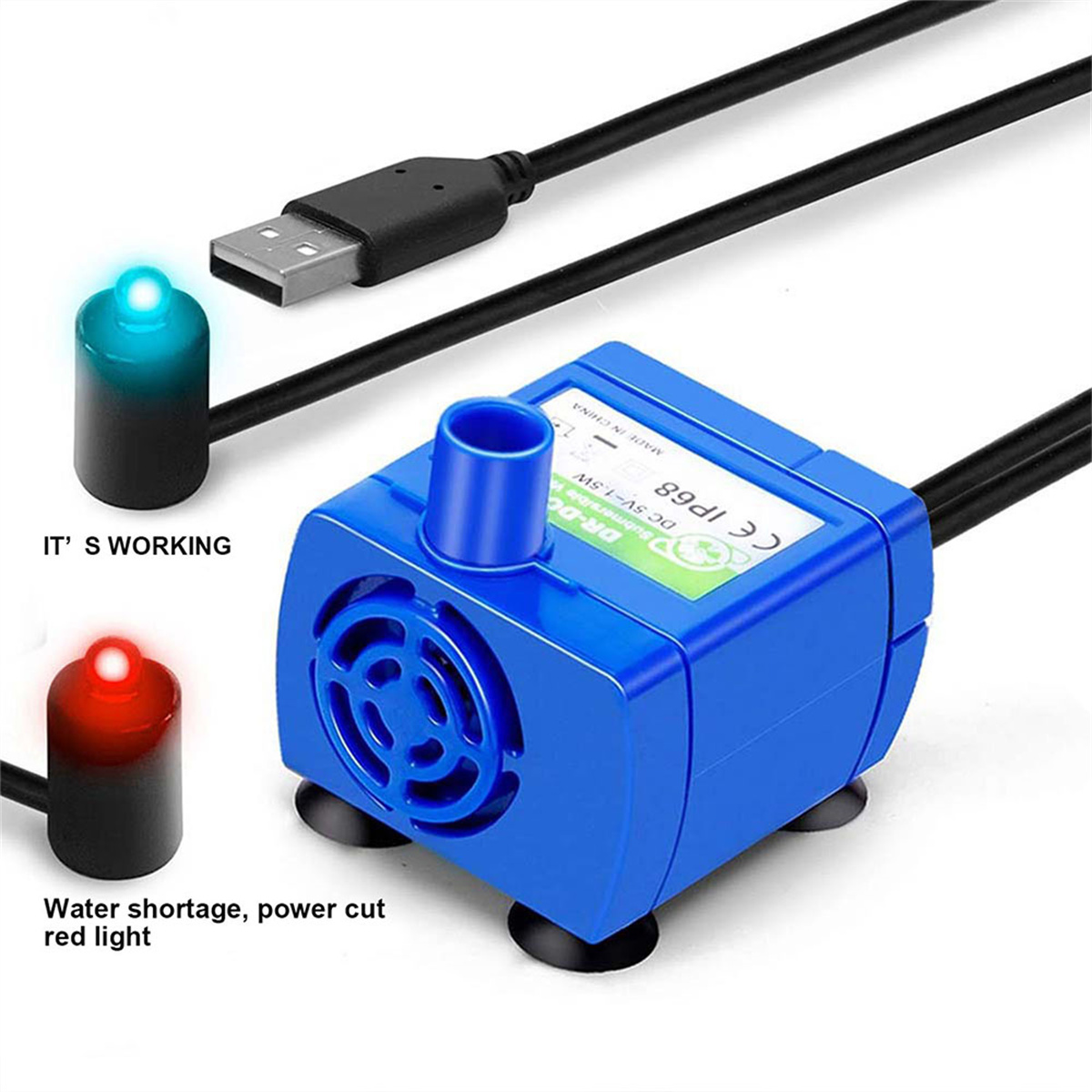 Blaue Pumpe mit zwei Lichtern und USB-Kabel. Text: 'ES FUNKTIONIERT' und 'Wassermangel'.