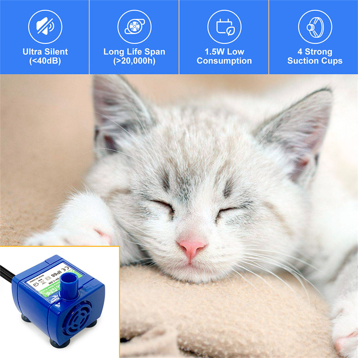 Eine schlafende Katze mit einem blauen Wasserbrunnen in der Ecke und Info-Symbolen darüber.