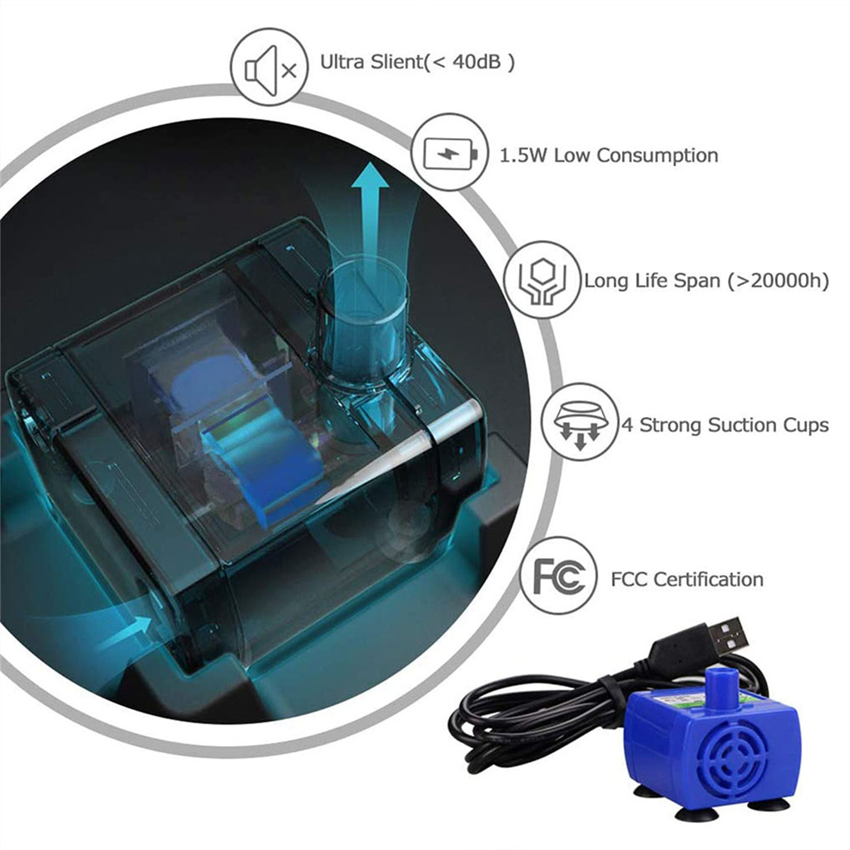 Kleine blaue Wasserpumpe mit Schläuchen und einem schwarzen USB-Kabel. Details sind beschriftet.