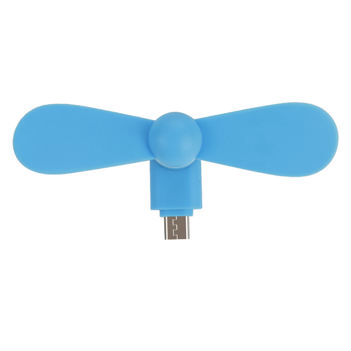 Blauer USB-Ventilator mit zwei Flügeln. Zum Einstecken in ein Telefon.