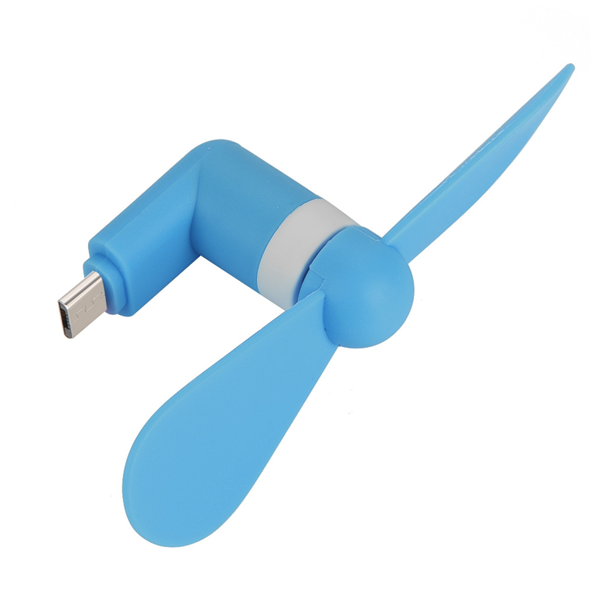Blauer USB-Ventilator mit zwei Flügeln und weißem Anschluss, vor weißem Hintergrund.