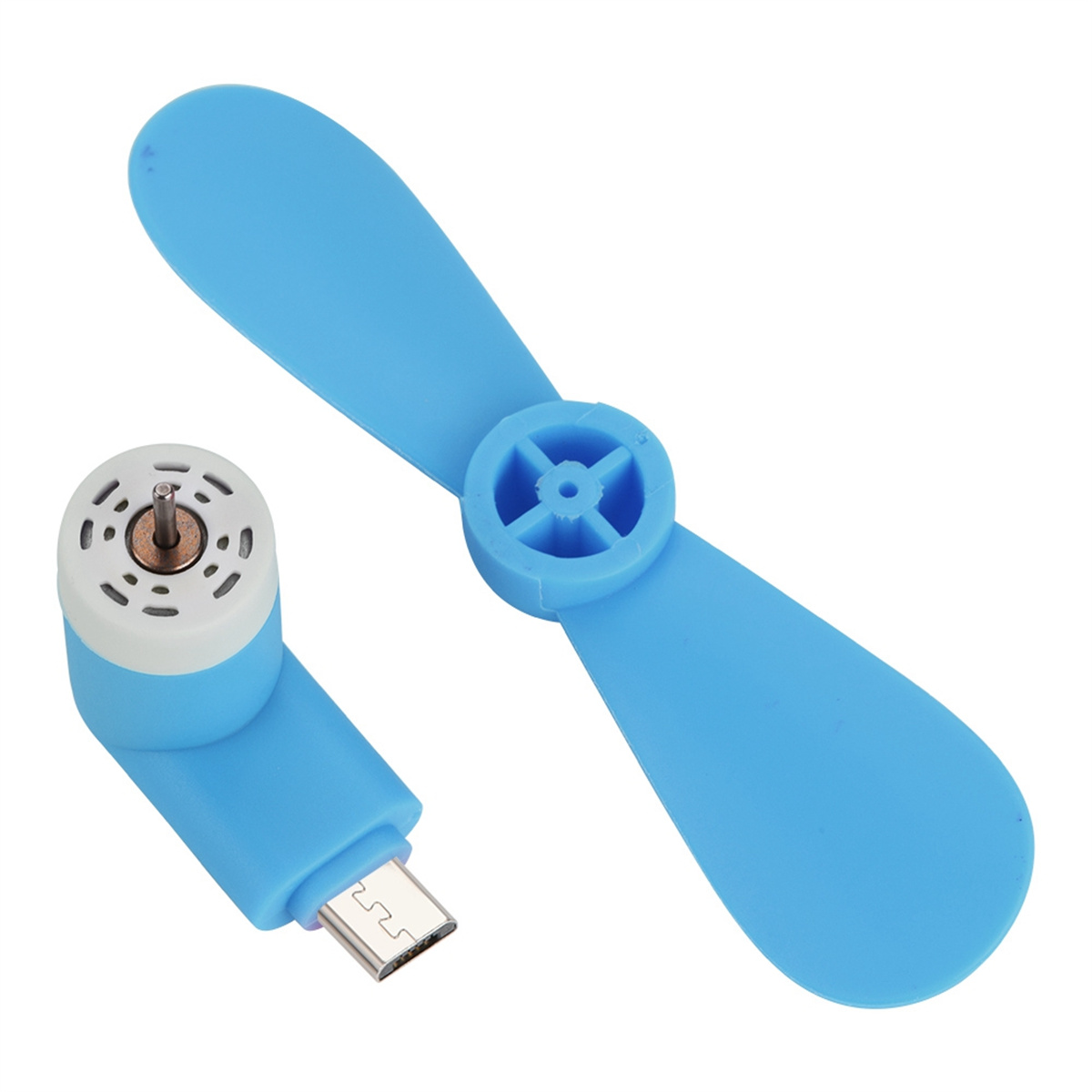 Ein blauer Propeller mit Motor und USB-Anschluss. Alle Teile sind blau.