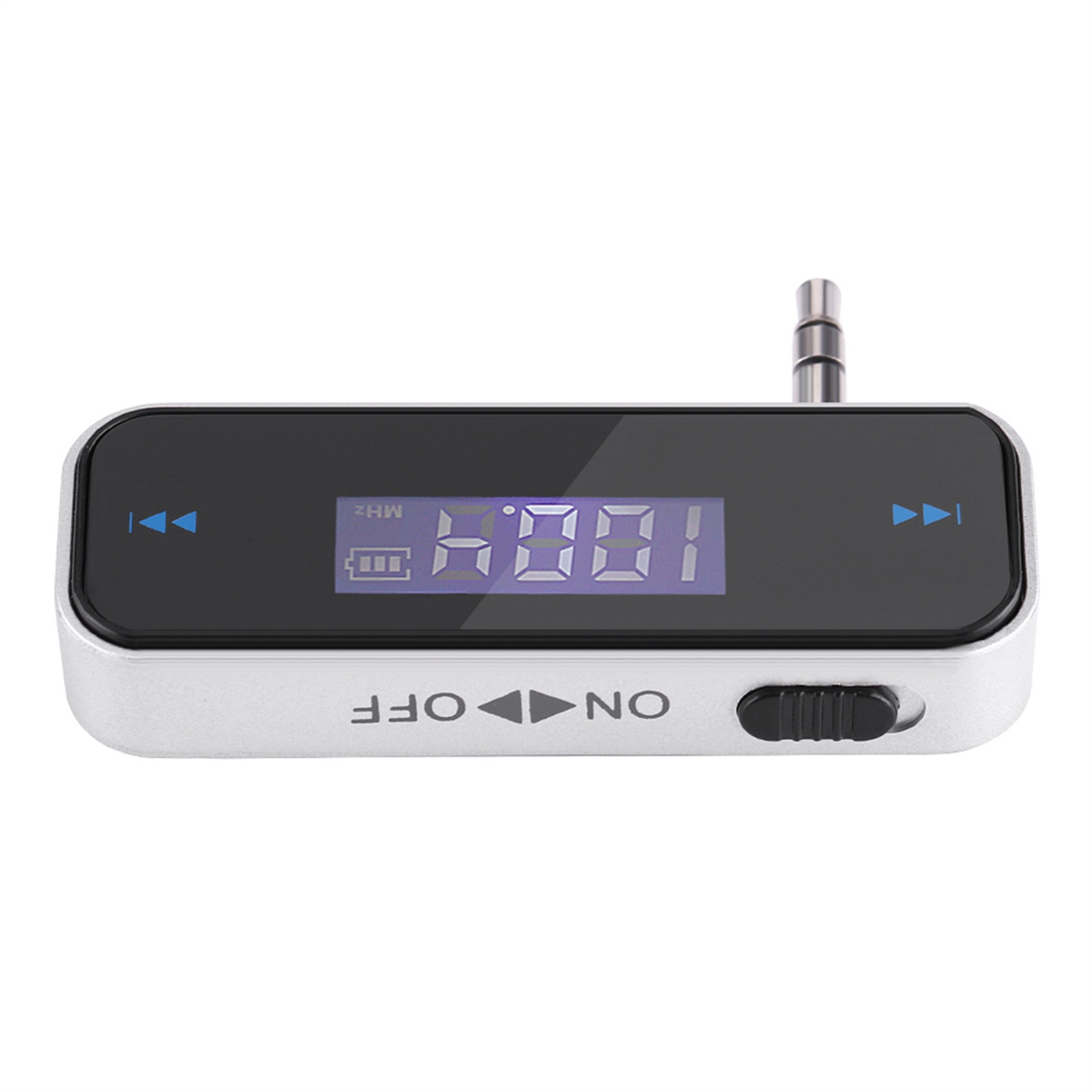 Silberner FM-Transmitter. Er zeigt '100,1 MHz' an und hat Steuertasten.
