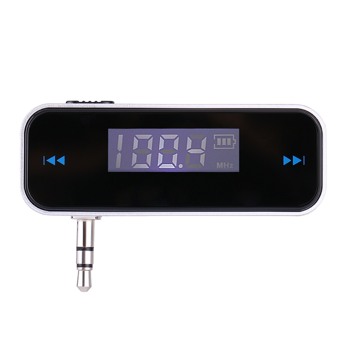 Ein schwarzes und silbernes Gerät mit einem Bildschirm, der 100,4 MHz und ein Batteriesymbol anzeigt.