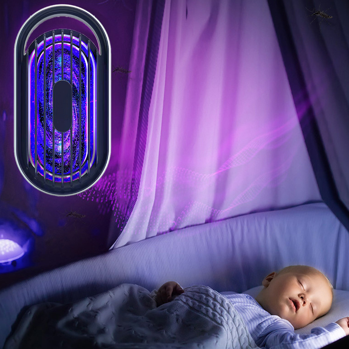 Ein Baby schläft unter einem lila Baldachin und UV-Licht.