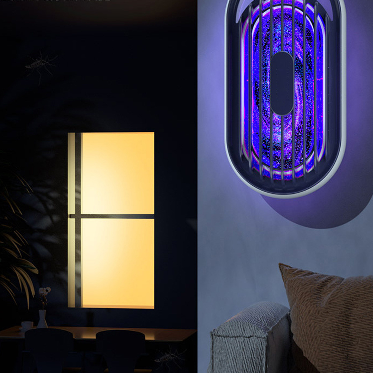 Ein Insektenvernichter an einer Wand, mit Fenster und Lampe im Hintergrund, bei Nacht.