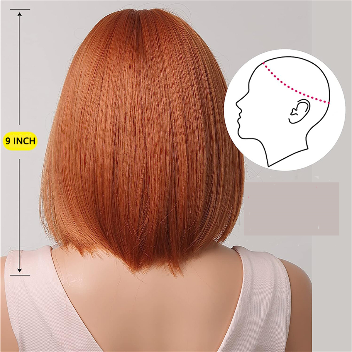 Orangener Bob-Perücke mit 9-Zoll-Längenmessung und einer Kopf-Form-Illustration.