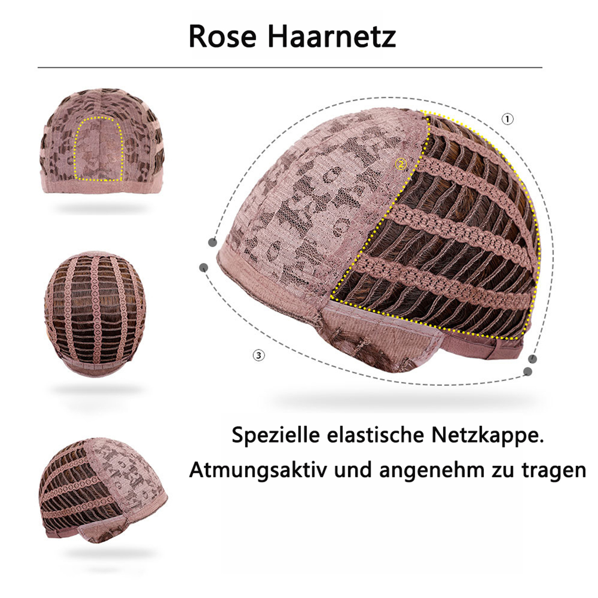 Eine beige Perückenkappe mit drei Ansichten, die die Struktur der Kappe zeigen.