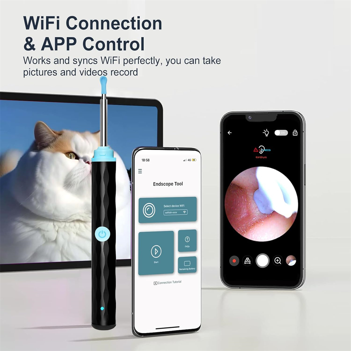 WLAN-Ohrreinigungsgerät. Ein Telefon zeigt ein Ohrbild. Tablet zeigt App-Oberfläche.