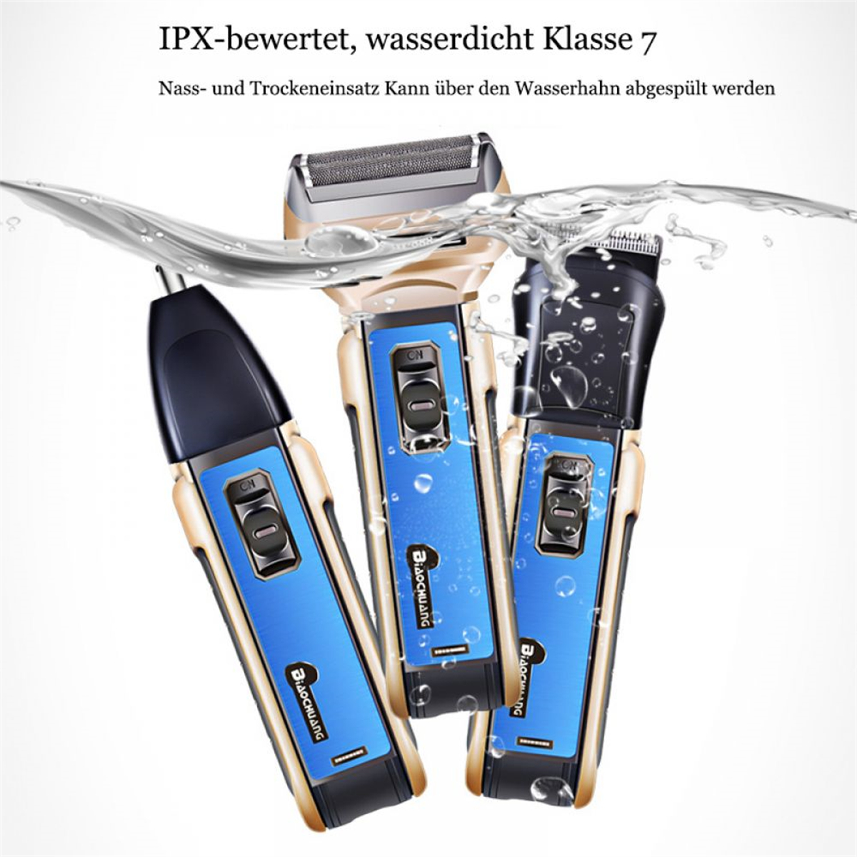 Drei elektrische Rasierer im Wasser. Gold- und Blautöne. Der Text besagt, dass sie wasserdicht sind.