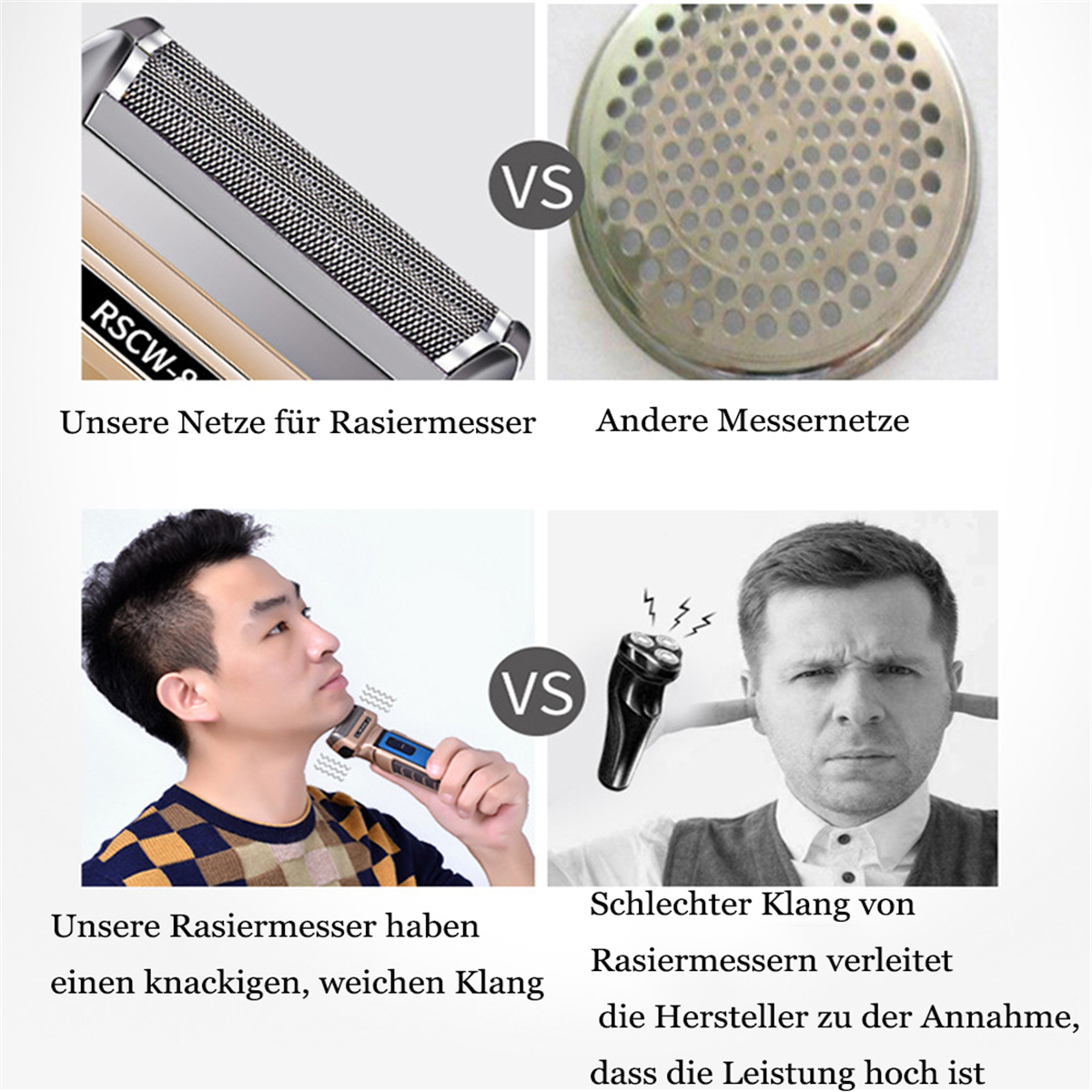 Vergleich von Rasierklingen. Goldklingen vs. andere Klingen und ein Mann beim Rasieren vs. anderer Mann.