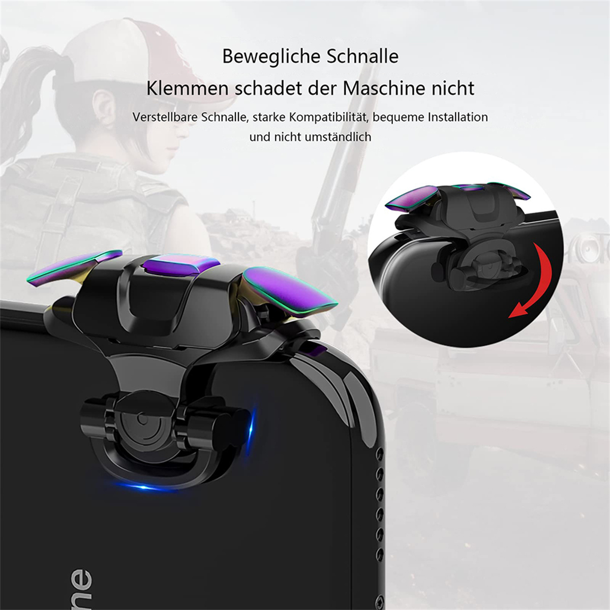 Ein schwarzes Telefon mit einem Spielcontroller befestigt. Der Controller hat bunte Tasten.