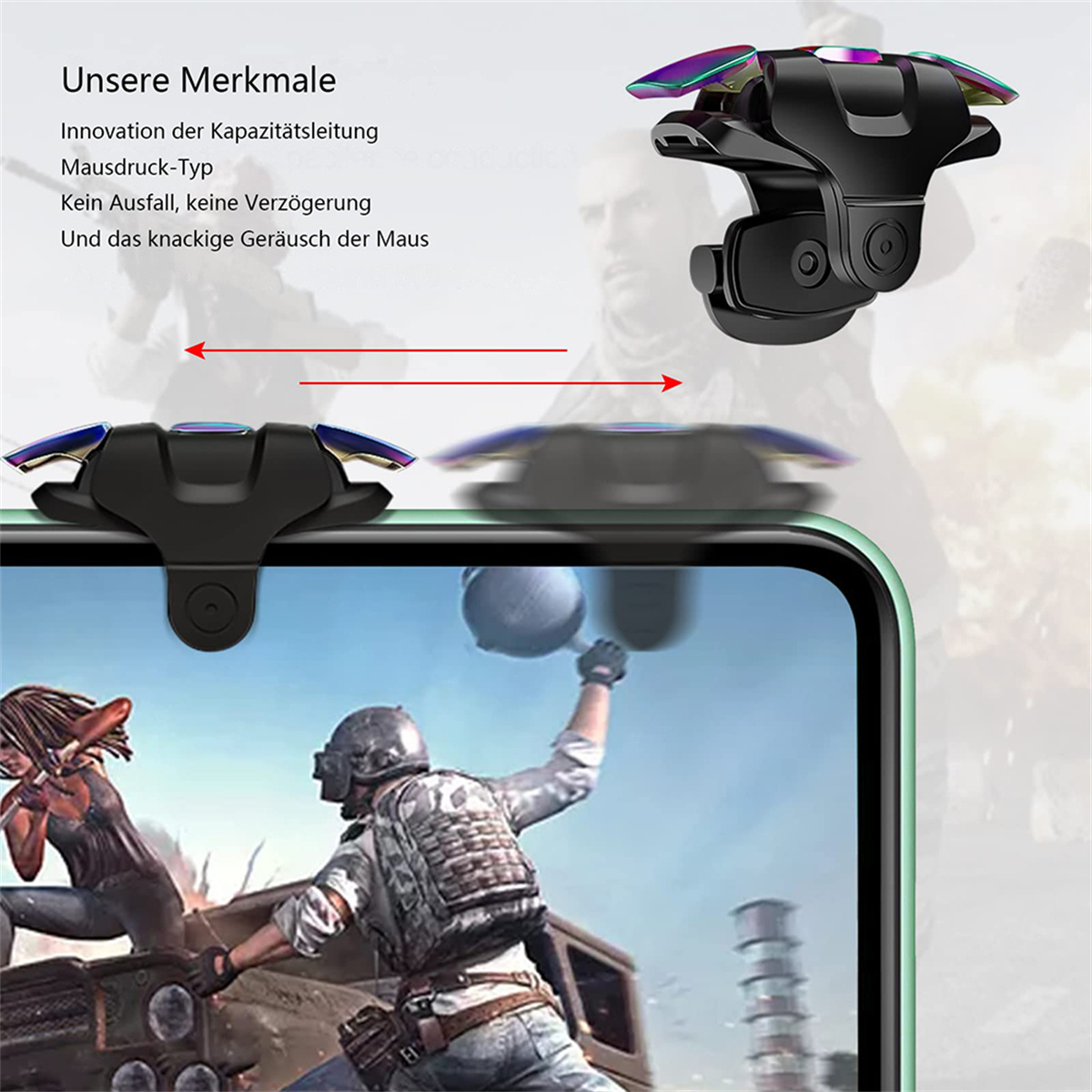 Gaming-Controller über einem Telefonbildschirm. Zwei Controller mit Pfeilen zeigen eine Spielinteraktion an.