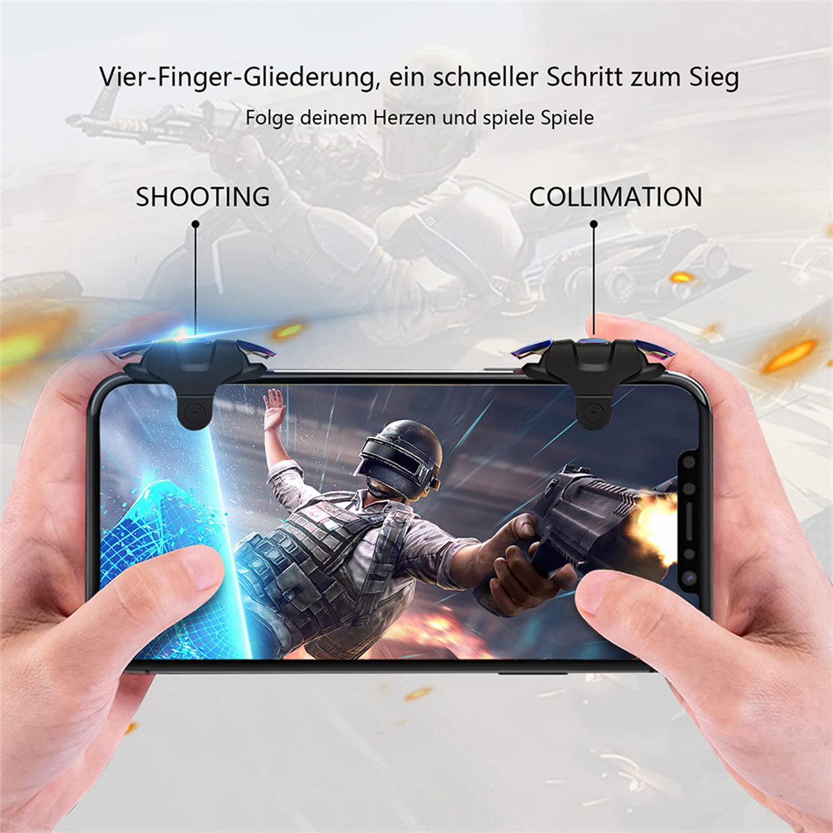 Hände halten ein Telefon mit angeschlossenen Gamecontrollern. Auf dem Bildschirm ist eine Spielszene.