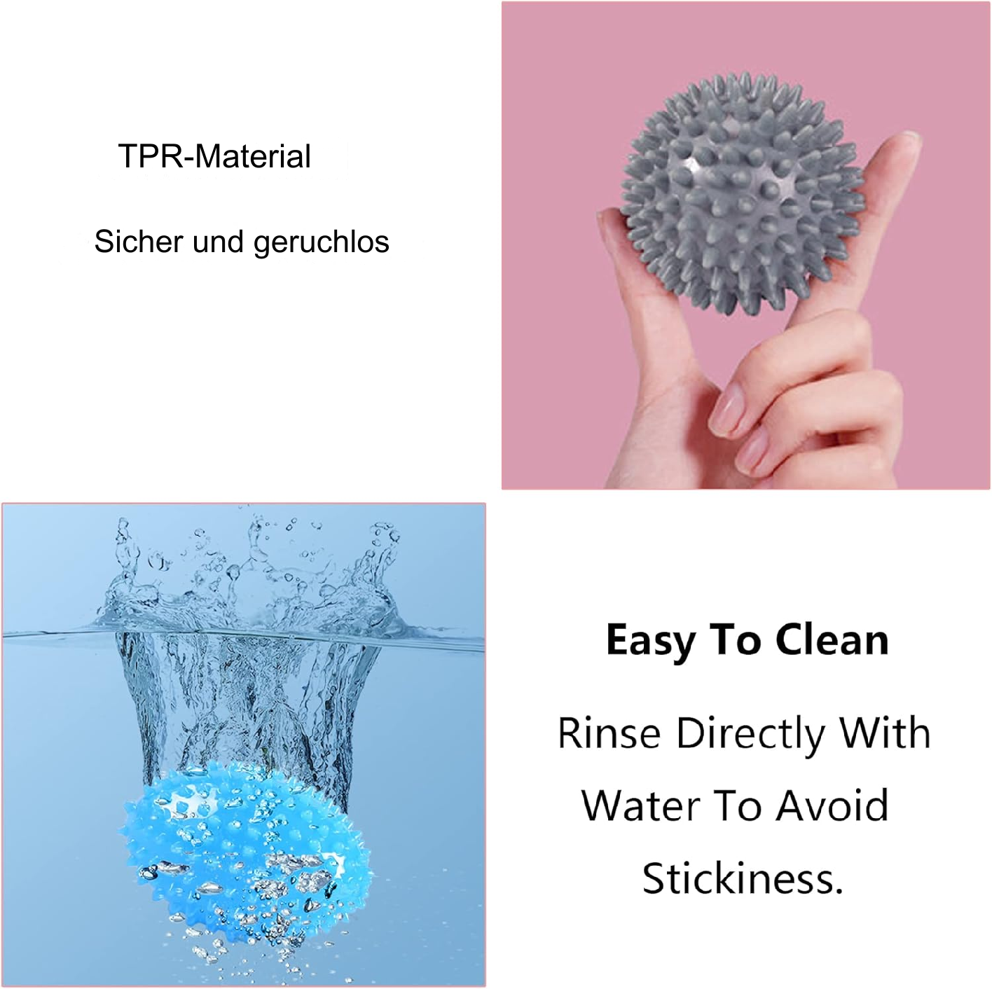 Grauer, stacheliger Massageball, eine Hand hält einen, und ein blauer Ball im Wasser, mit Text.