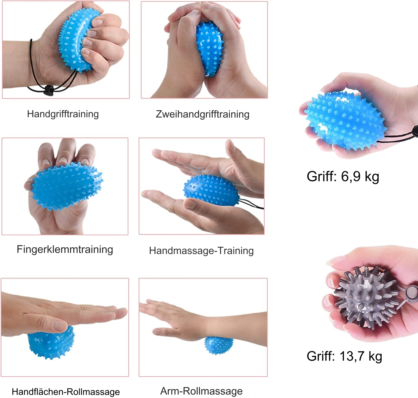 Hände, die blaue, stachelige Massagebälle benutzen. Beschriftung: Handgrifftraining, Fingerklemmtraining, Handflächen-Rollmassage.
