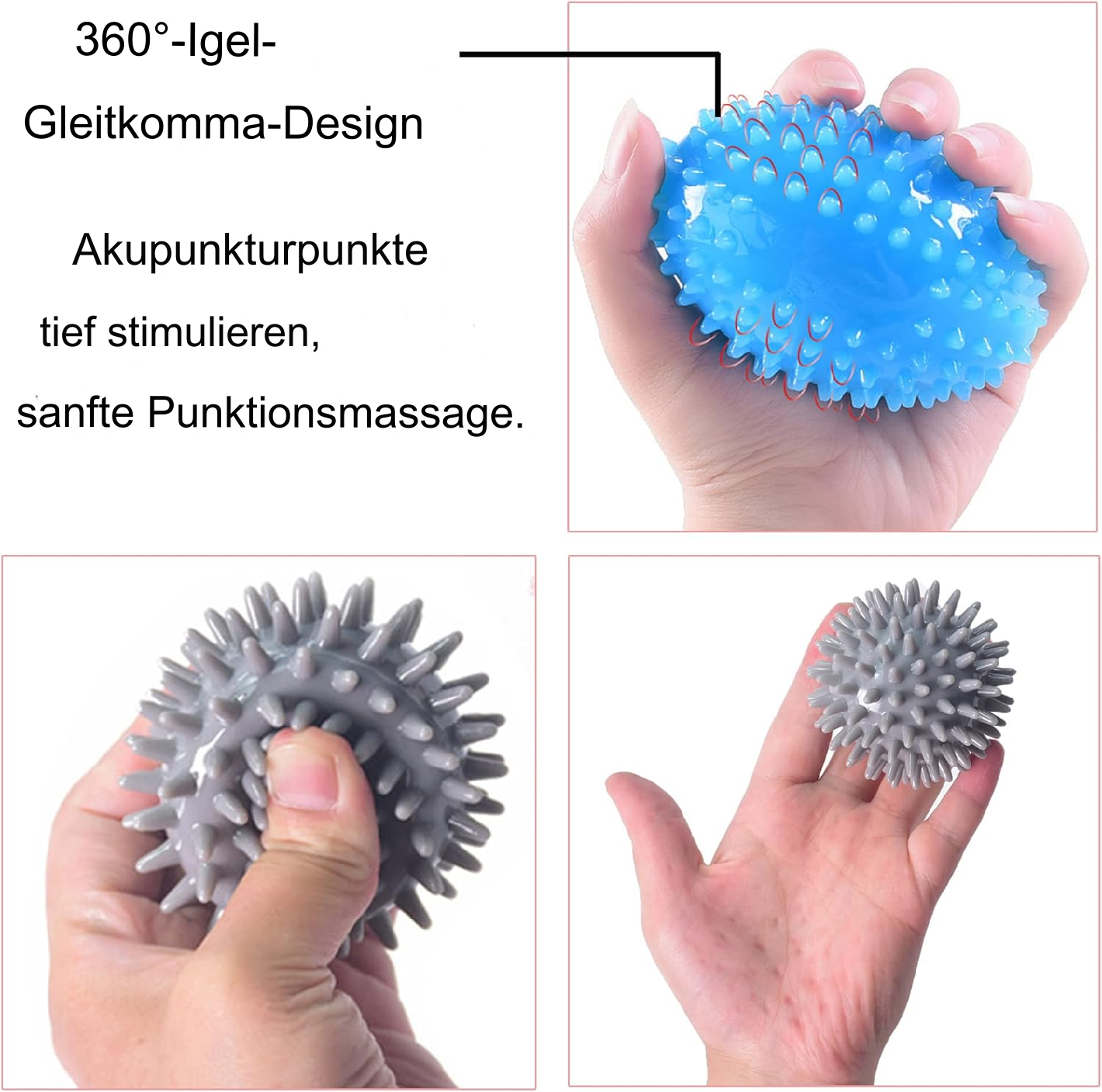Hände, die blaue und graue, stachelige Massagebälle halten, die die Vorteile der Massage bewerben.