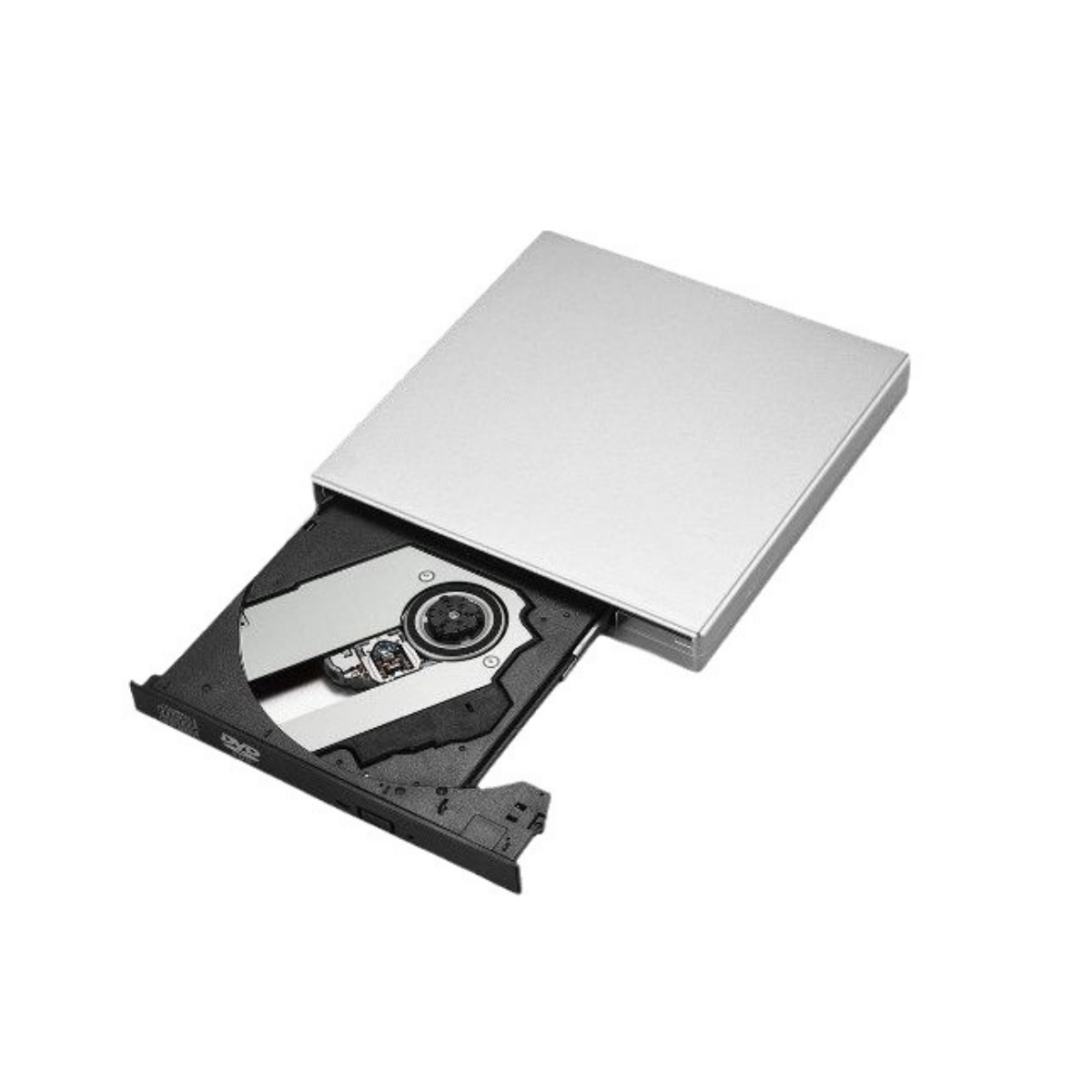 Ein silbernes DVD-Laufwerk mit geöffnetem Einschub, das die Disc im Inneren zeigt.