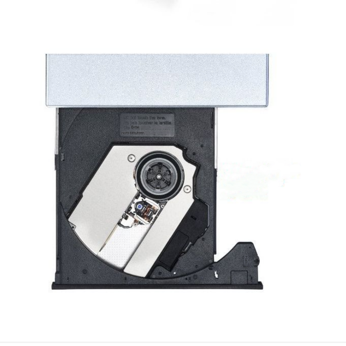 Offenes CD/DVD-Laufwerk, silberner Deckel, interne Komponenten sichtbar auf weißem Hintergrund.