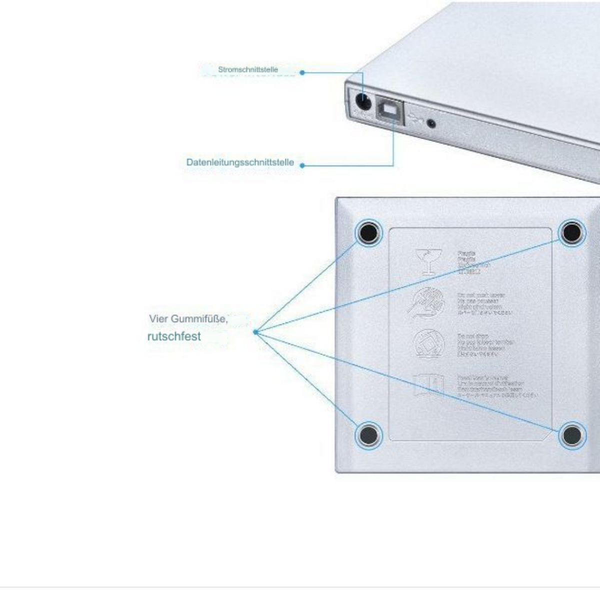 Ein silbernes Gerät mit USB-Anschluss und Datenanschluss.