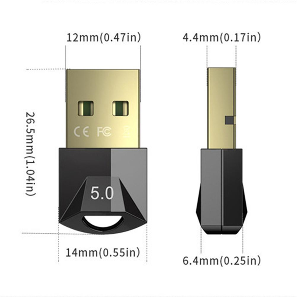 Ein schwarzer und goldener USB-Adapter mit Maßangaben in mm und Zoll.
