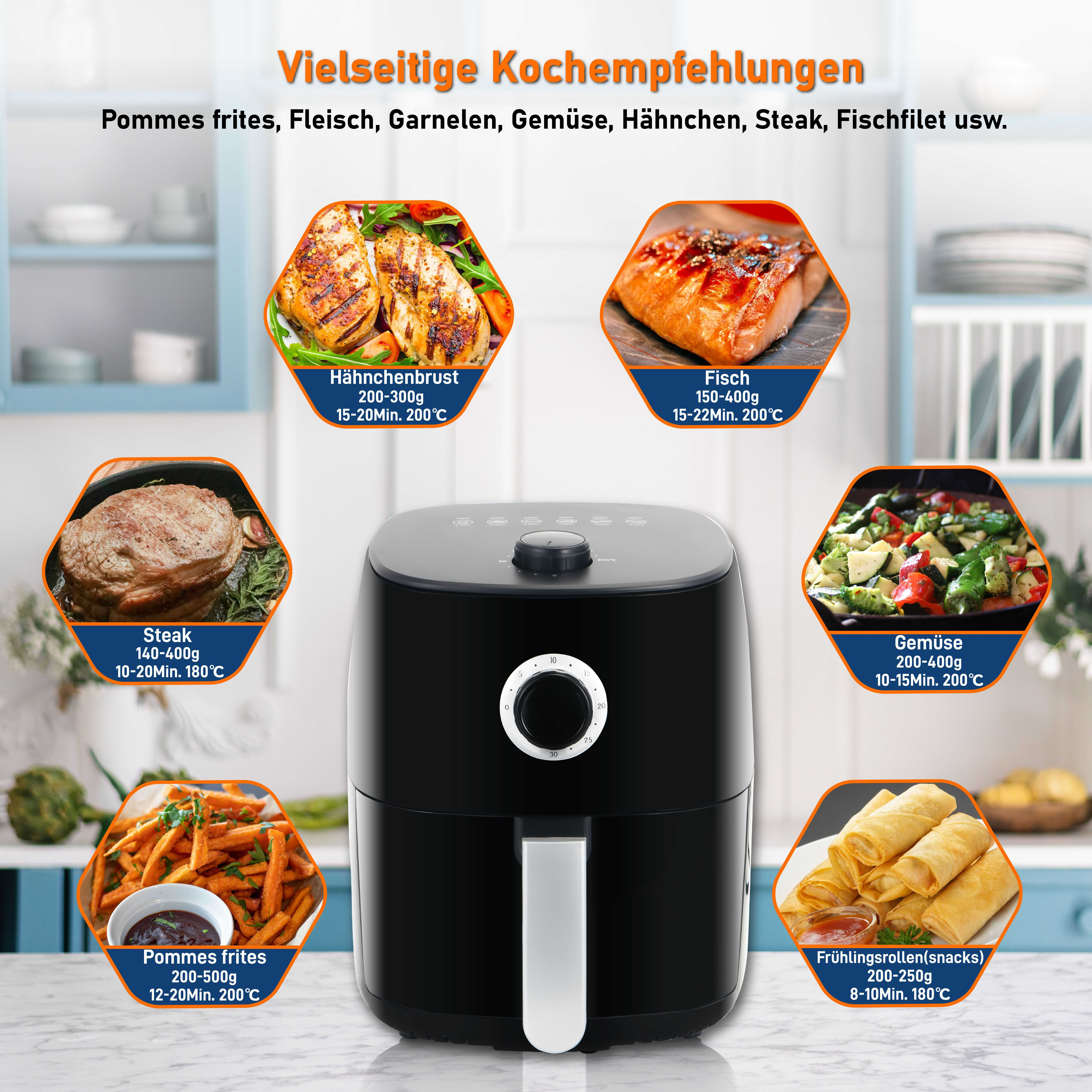 Schwarze Heißluftfritteuse mit Lebensmittelproben: Hähnchenbrust, Fisch, Steak, Gemüse, Pommes und Frühlingsrollen.