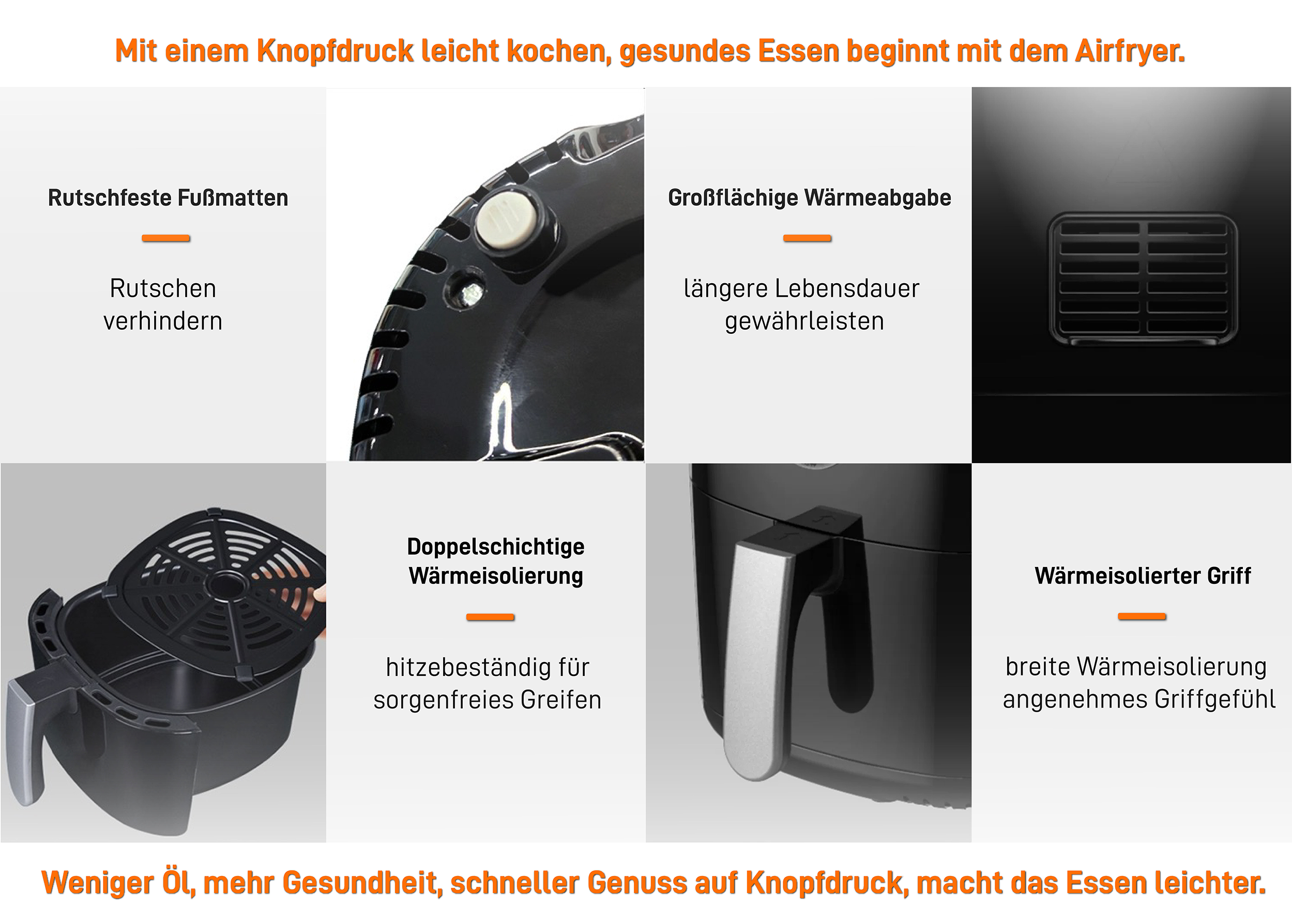 Heißluftfritteuse mit hervorgehobenen Funktionen, einschließlich Griff, Hitzeblüftung und Antihaftbeschichtung.