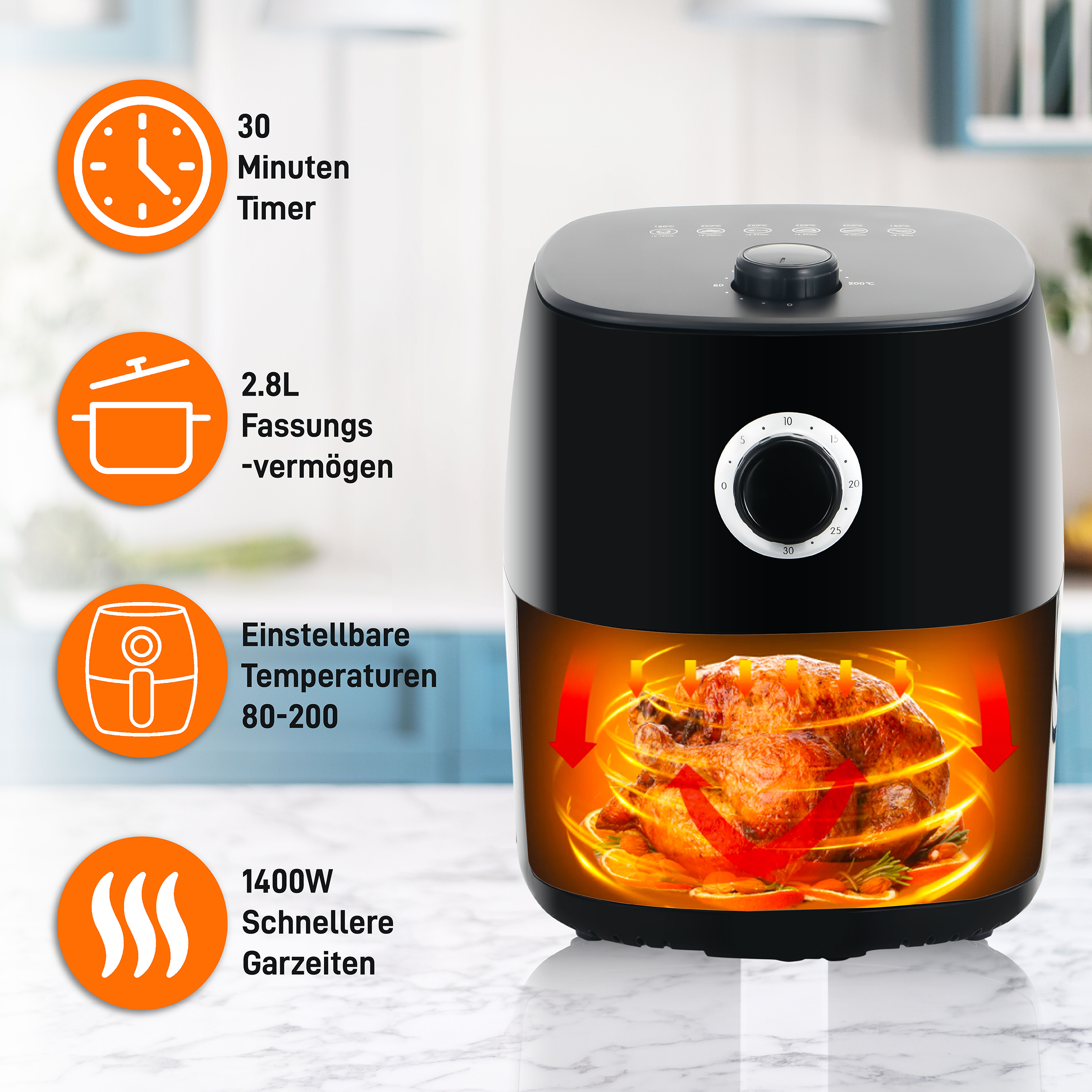 Schwarze Heißluftfritteuse mit Symbolen und Text. Zu den Merkmalen gehören Timer, Kapazität und Temperatur.
