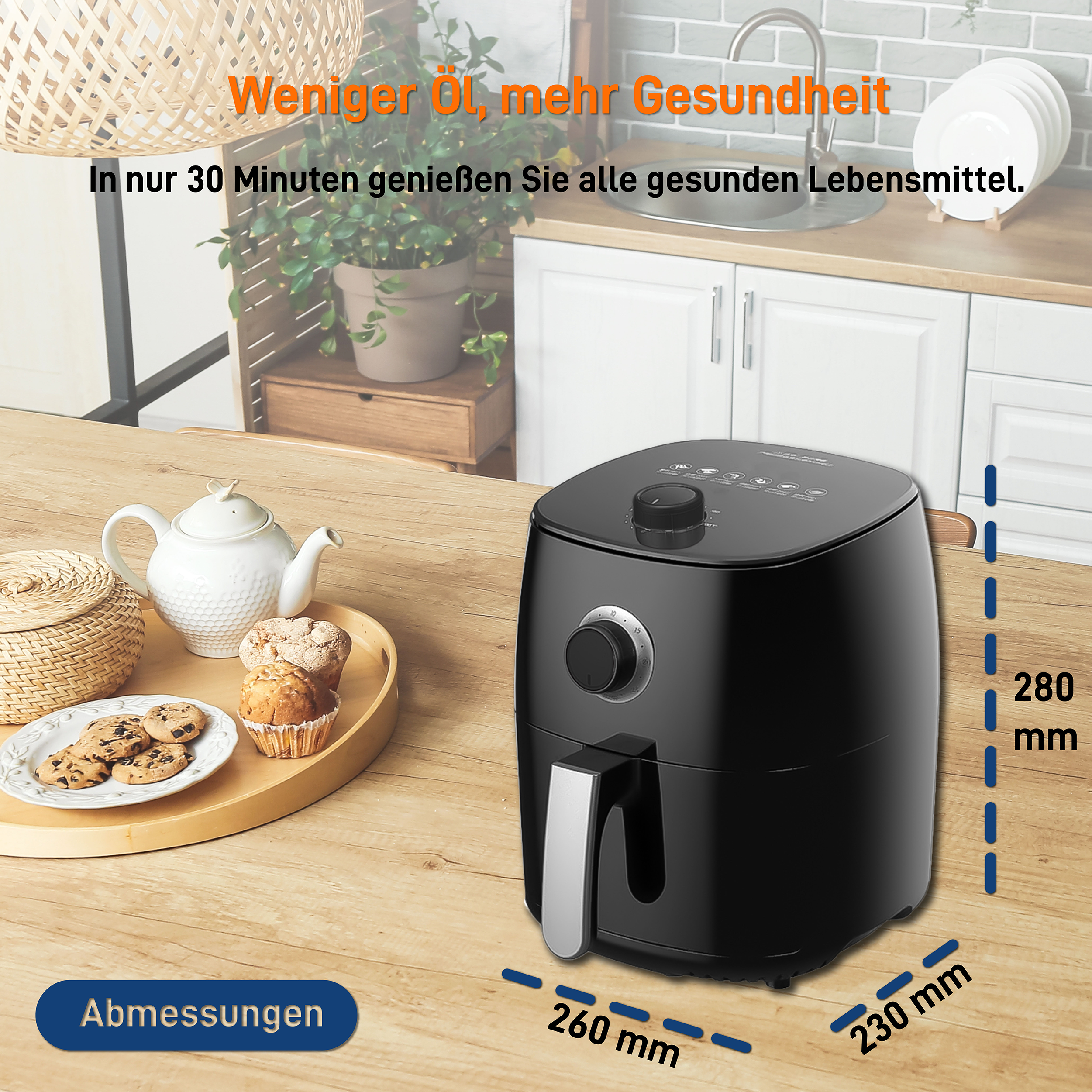 Schwarze Heißluftfritteuse mit Maßen und Textbeschriftungen. Mit Griff und Bedienknopf.
